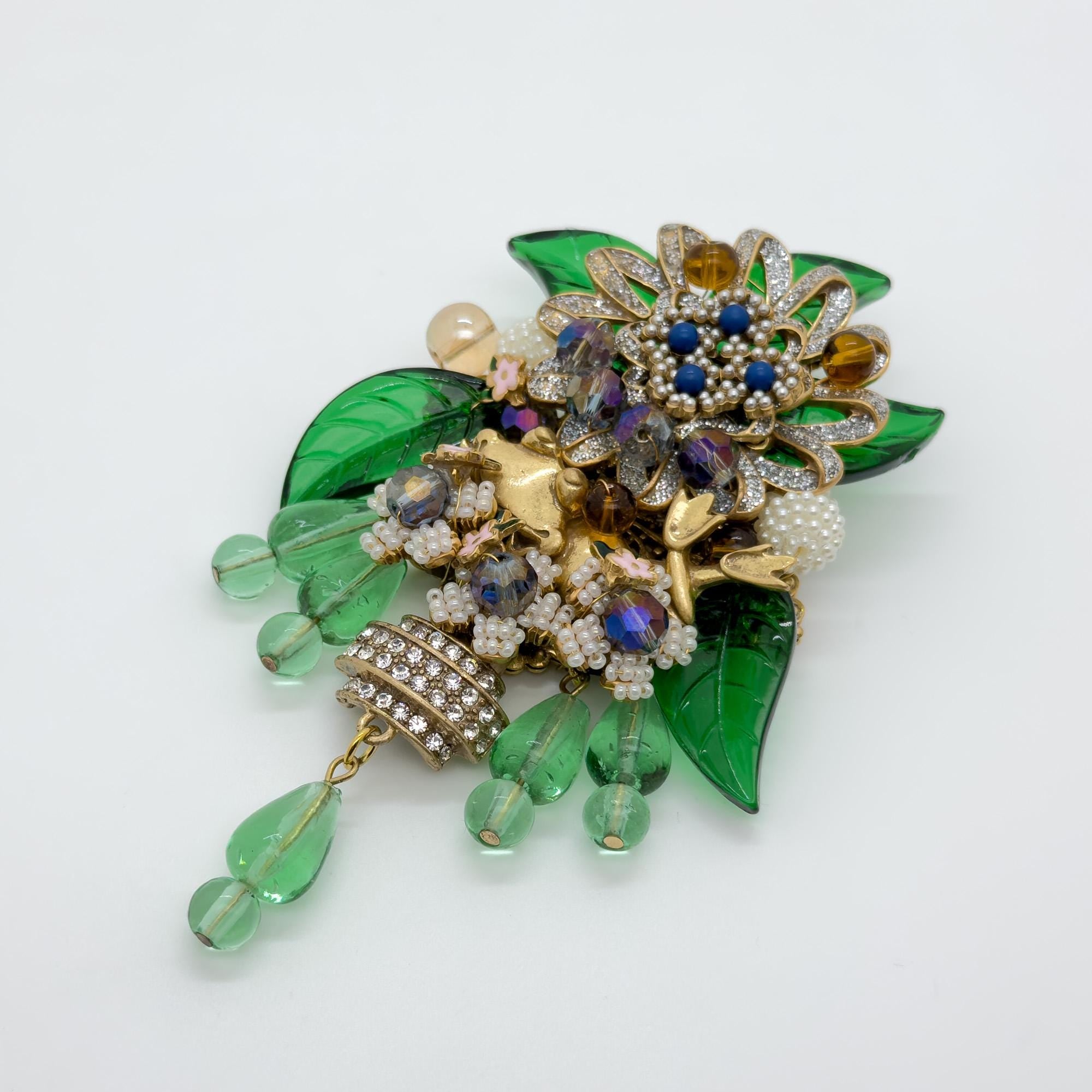Large Art Deco Flower Brooch Beaded Rhinestone Crystal Woven Pin