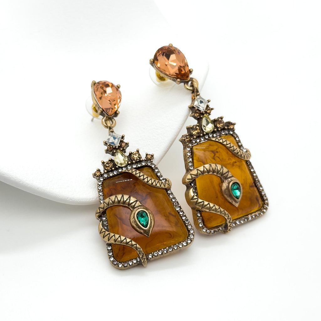 Vintage Art Deco Snake Zircon Resin Copper Statement Stud Earrings