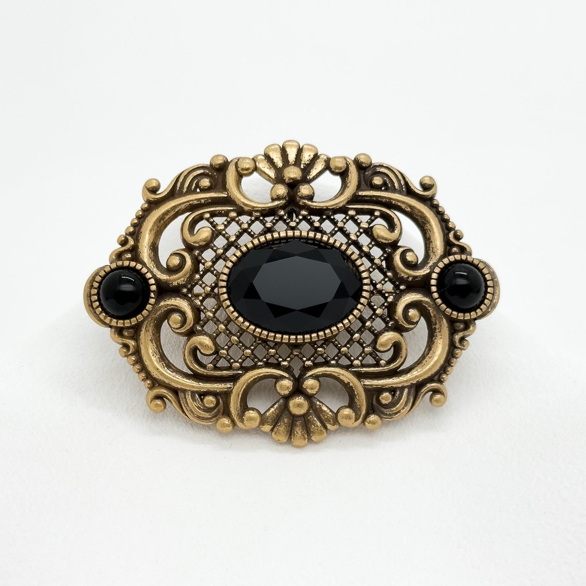 Art Deco Black Crystal Leaf Brooch Vintage Copper Glass Pin