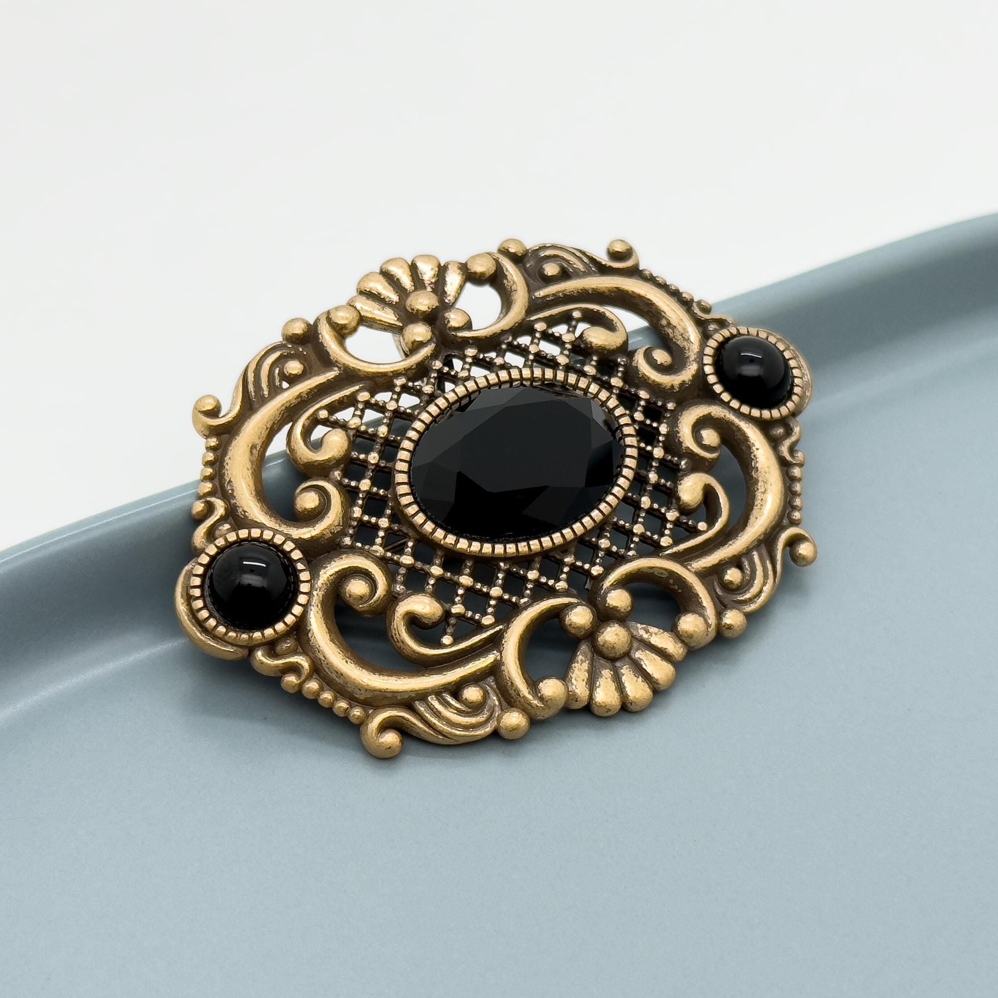 Art Deco Black Crystal Leaf Brooch Vintage Copper Glass Pin