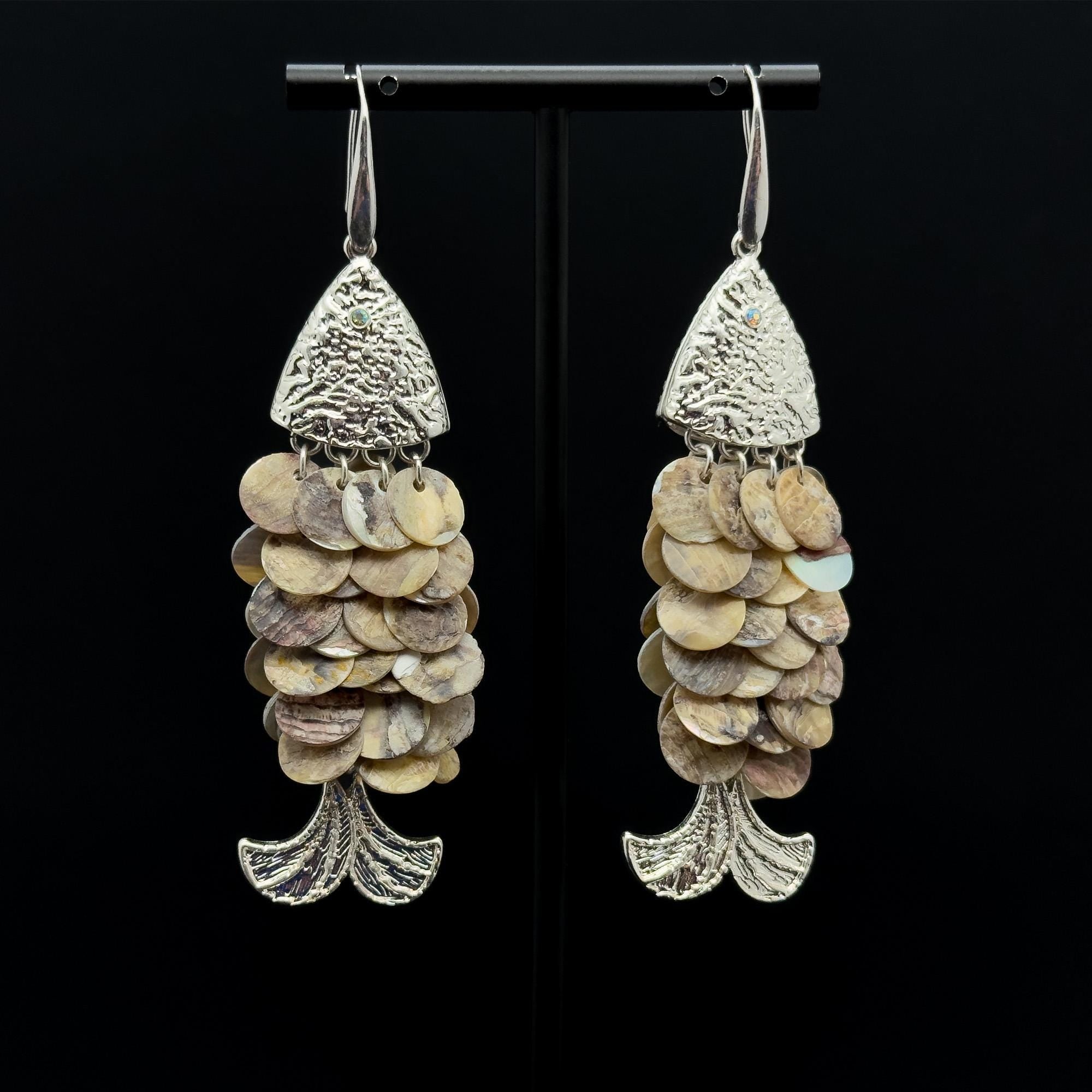 Vintage Art Deco Fish Scale Dangle Earrings Mother-of-Pearl