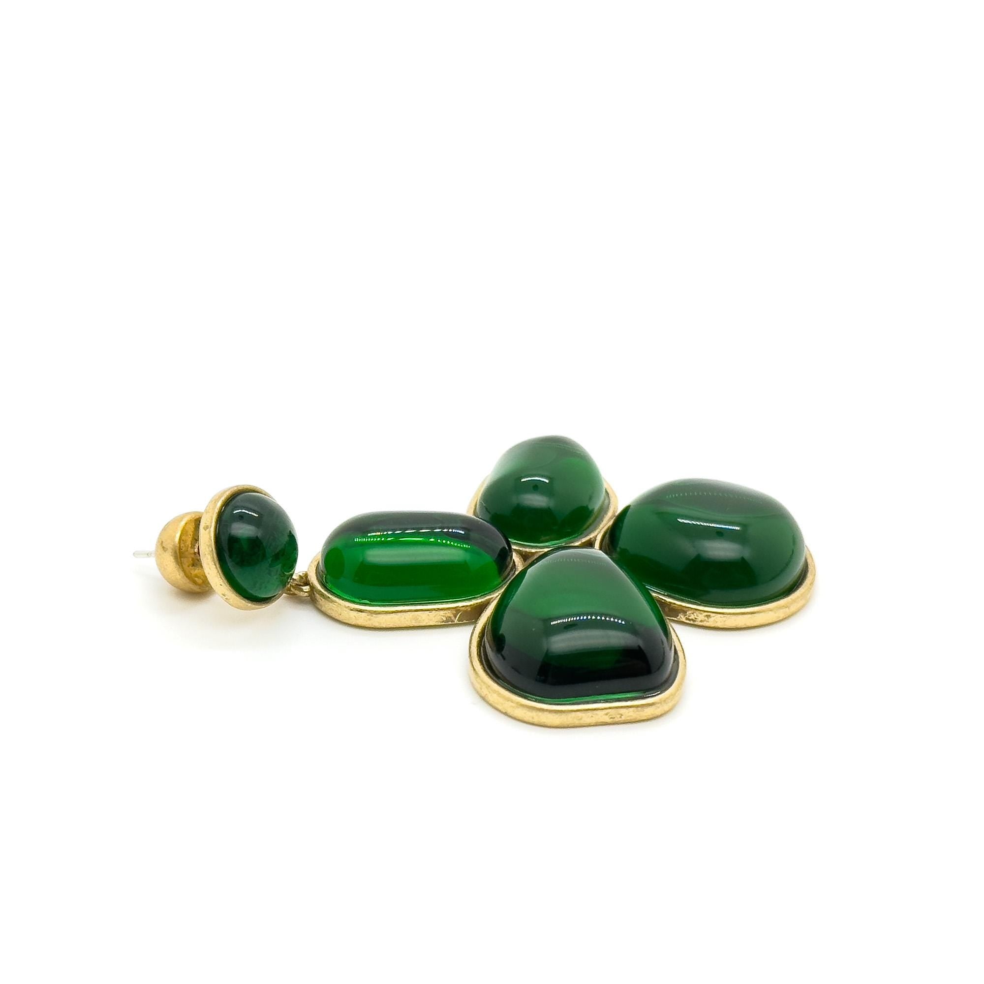 Art Deco Vintage Four-Leaf Clover Emerald Glass Copper Earrings