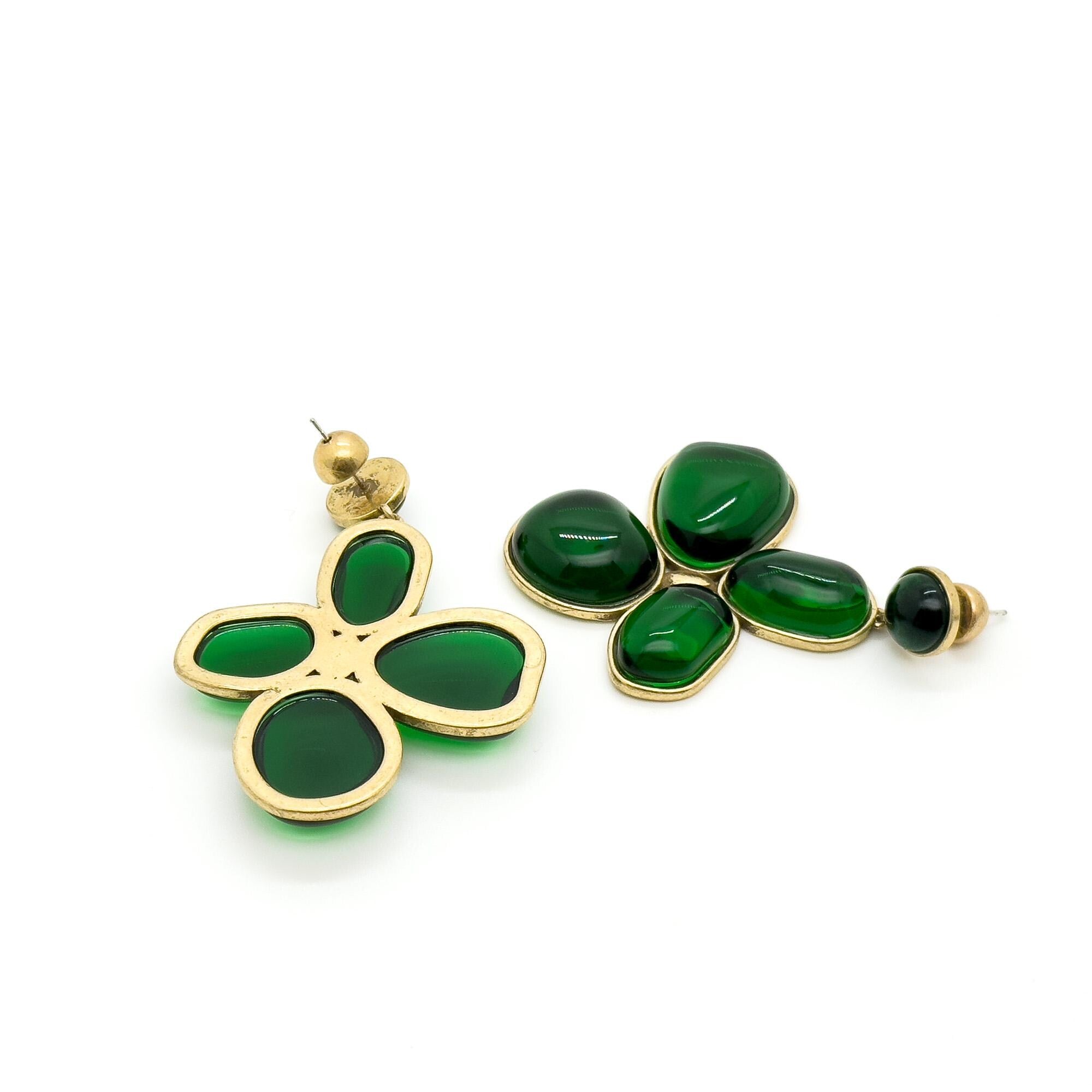 Art Deco Vintage Four-Leaf Clover Emerald Glass Copper Earrings