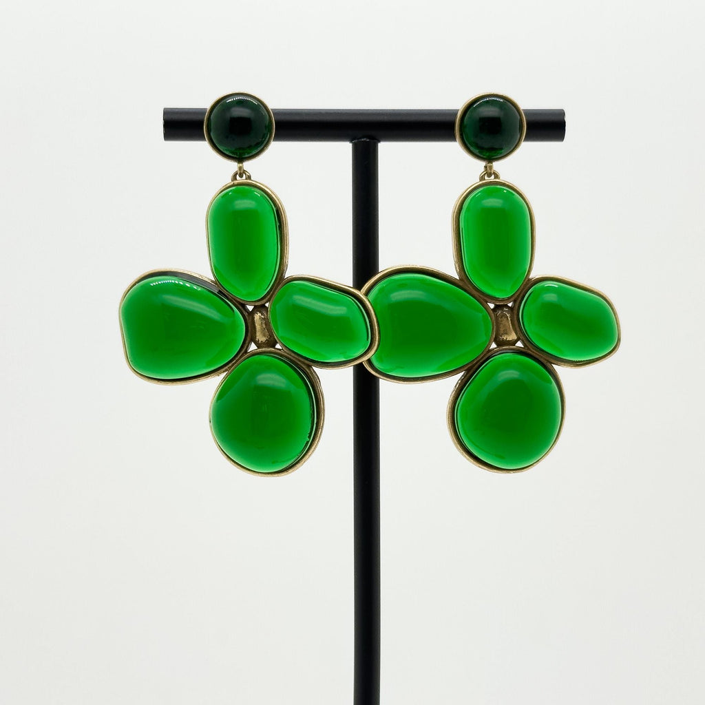 Art Deco Vintage Four-Leaf Clover Emerald Glass Copper Earrings