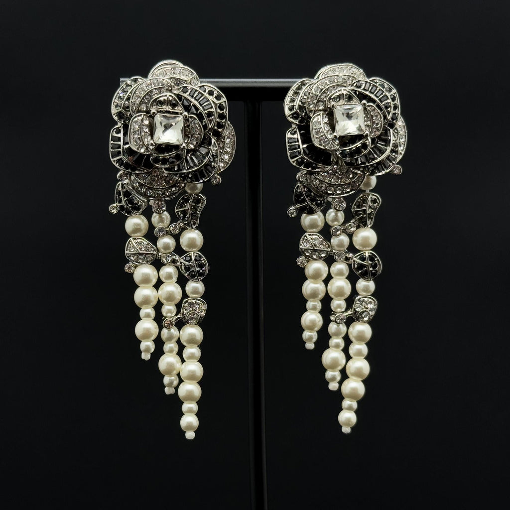 Vintage Art Deco Rose Flower Pearl Tassel Zircon Earrings