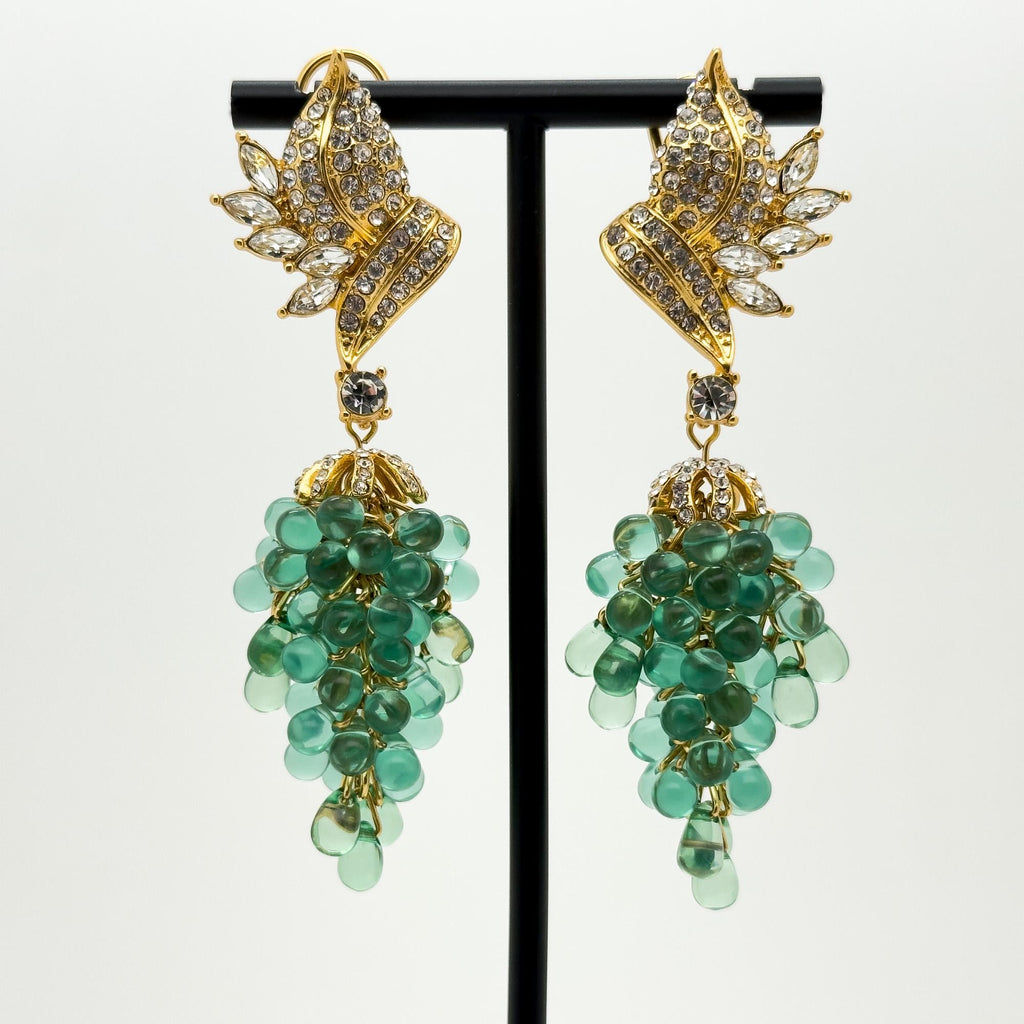 Vintage Art Deco Grape Drop Earrings with Rhinestones and Beads