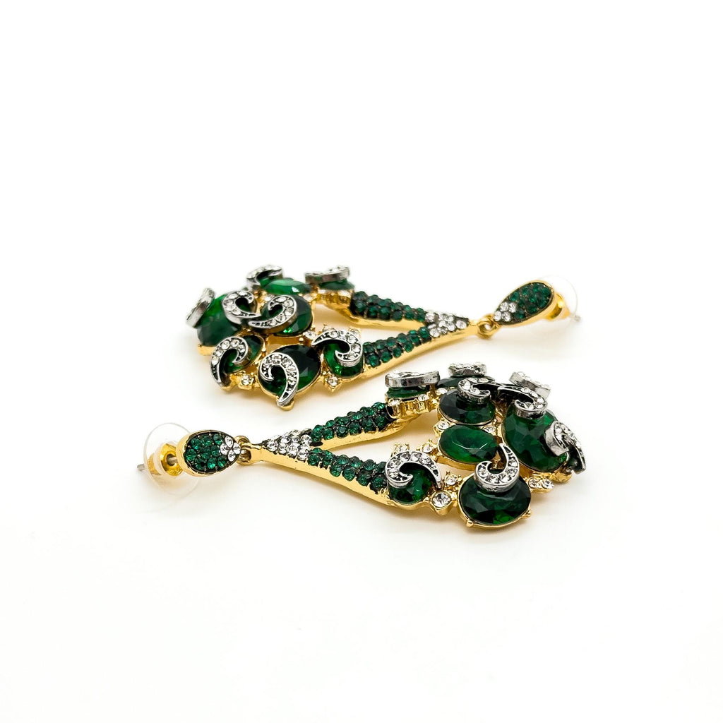 Vintage Art Deco Emerald Teardrop Earrings with Zircon Pearls