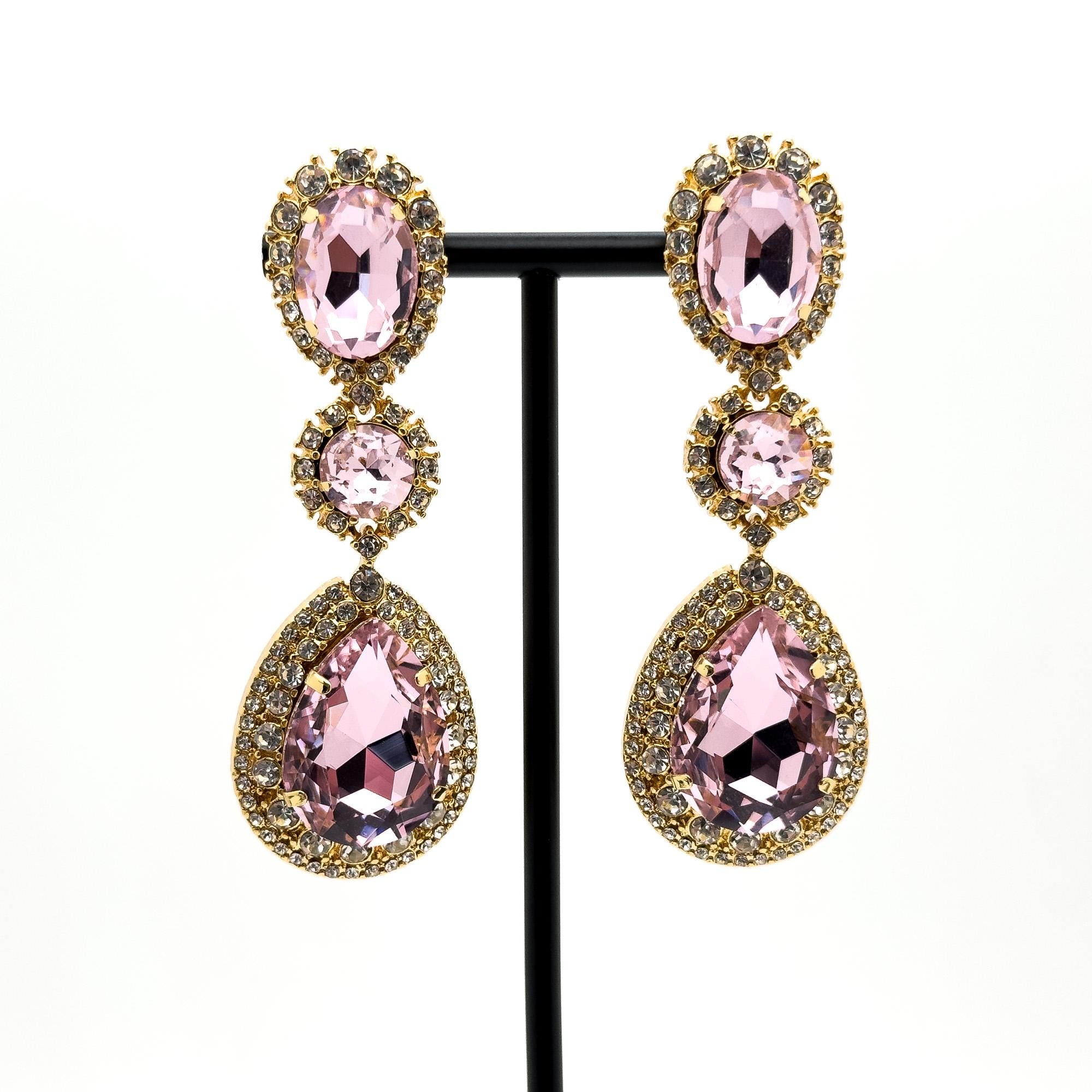 Vintage Art Deco Teardrop Long Drop Earrings with Zircon Detailing