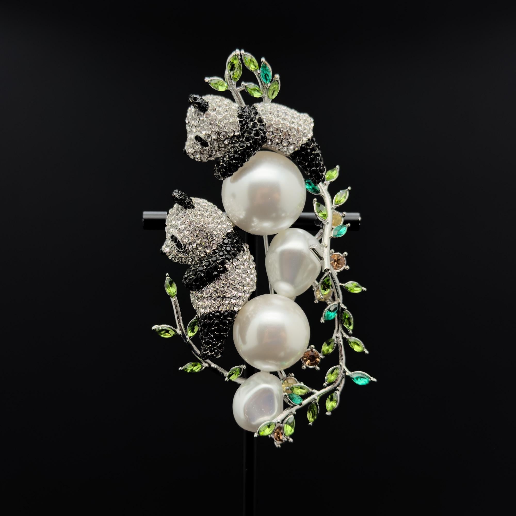 Art Deco Panda Brooch Rhinestone Pearl Copper Large Coat Pin