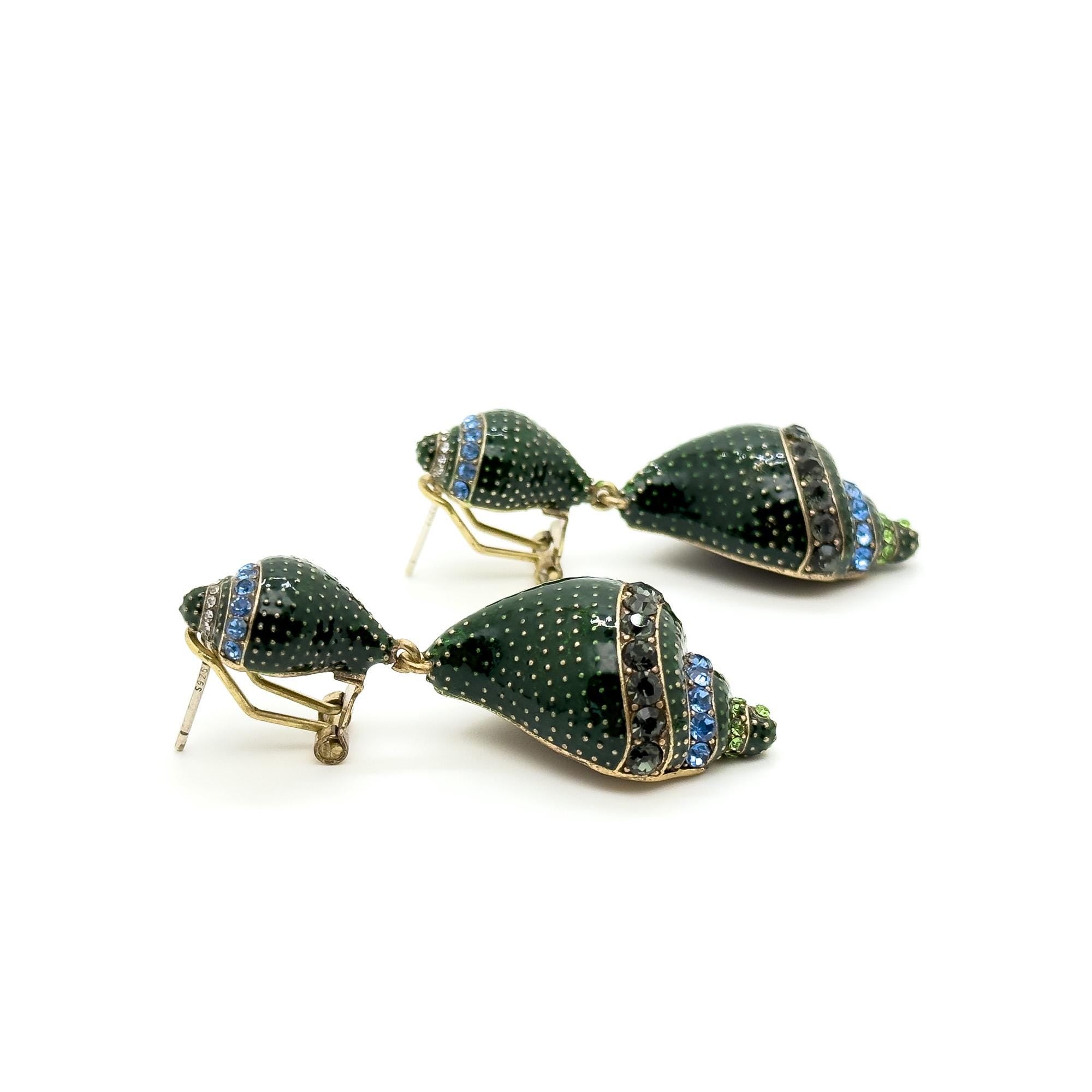 Vintage Art Deco Enamel Conch Drop Earrings with Zircon