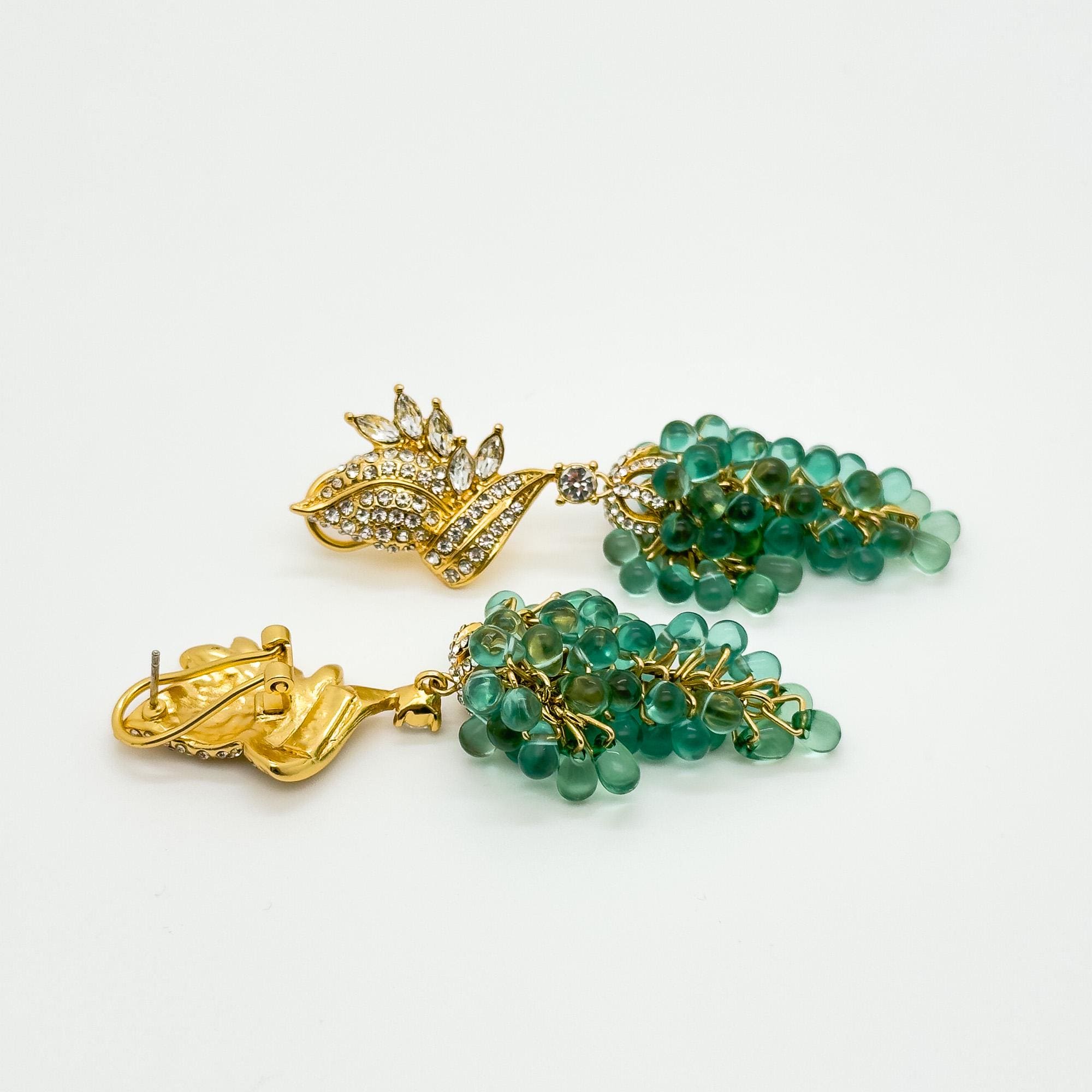 Vintage Art Deco Grape Drop Earrings with Rhinestones and Beads