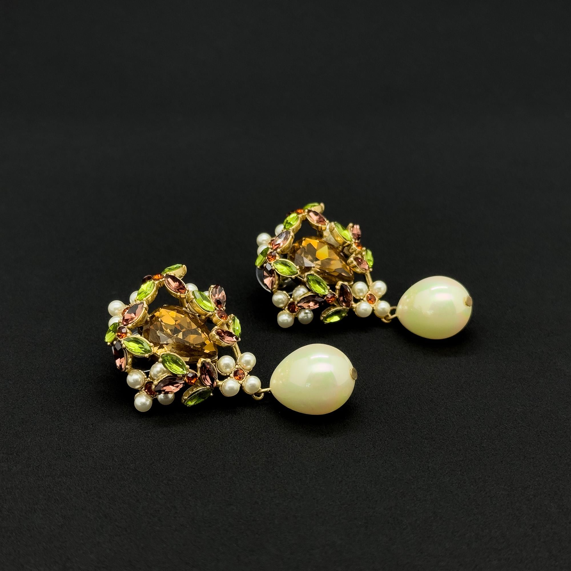 Vintage Art Deco Teardrop Earrings Zircon Pearl Copper Studs