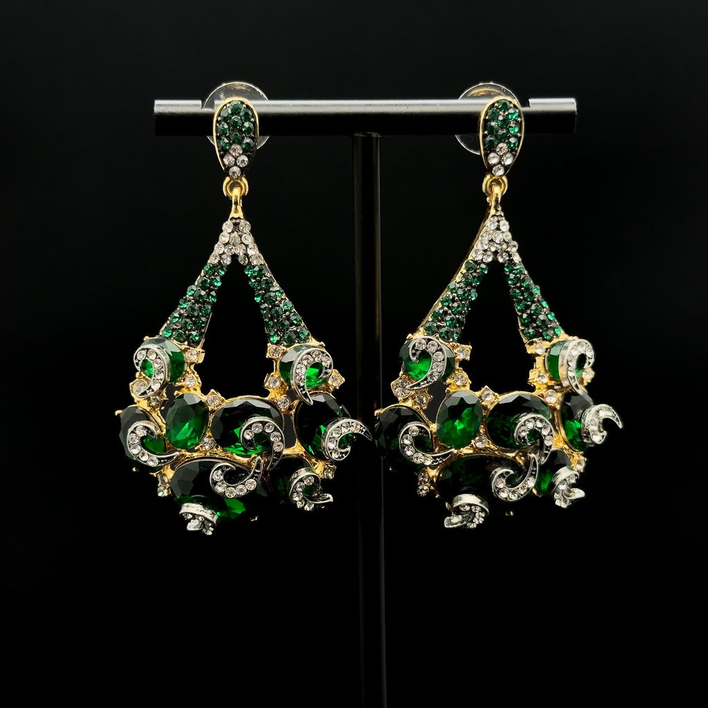 Vintage Art Deco Emerald Teardrop Earrings with Zircon Pearls