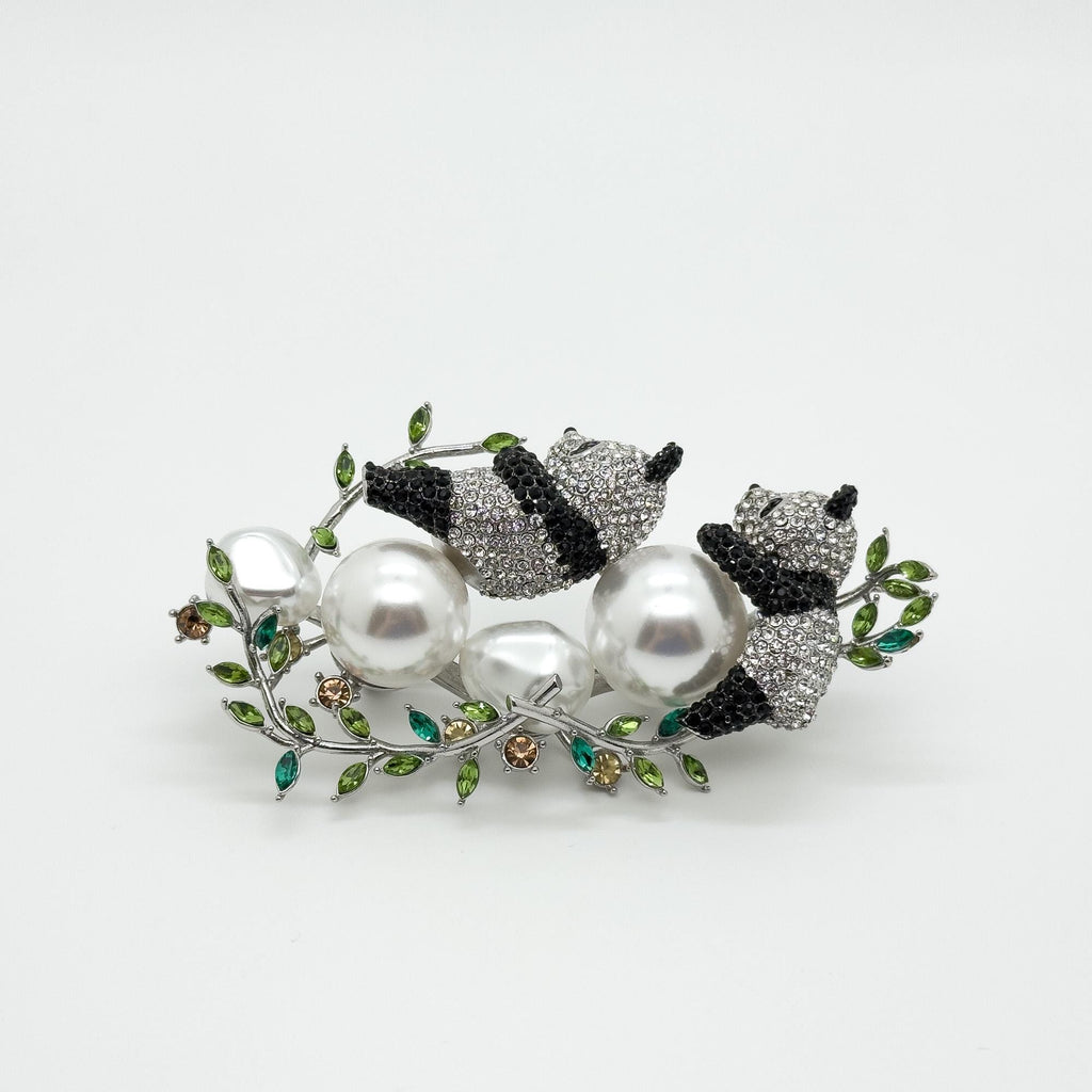 Art Deco Panda Brooch Rhinestone Pearl Copper Large Coat Pin