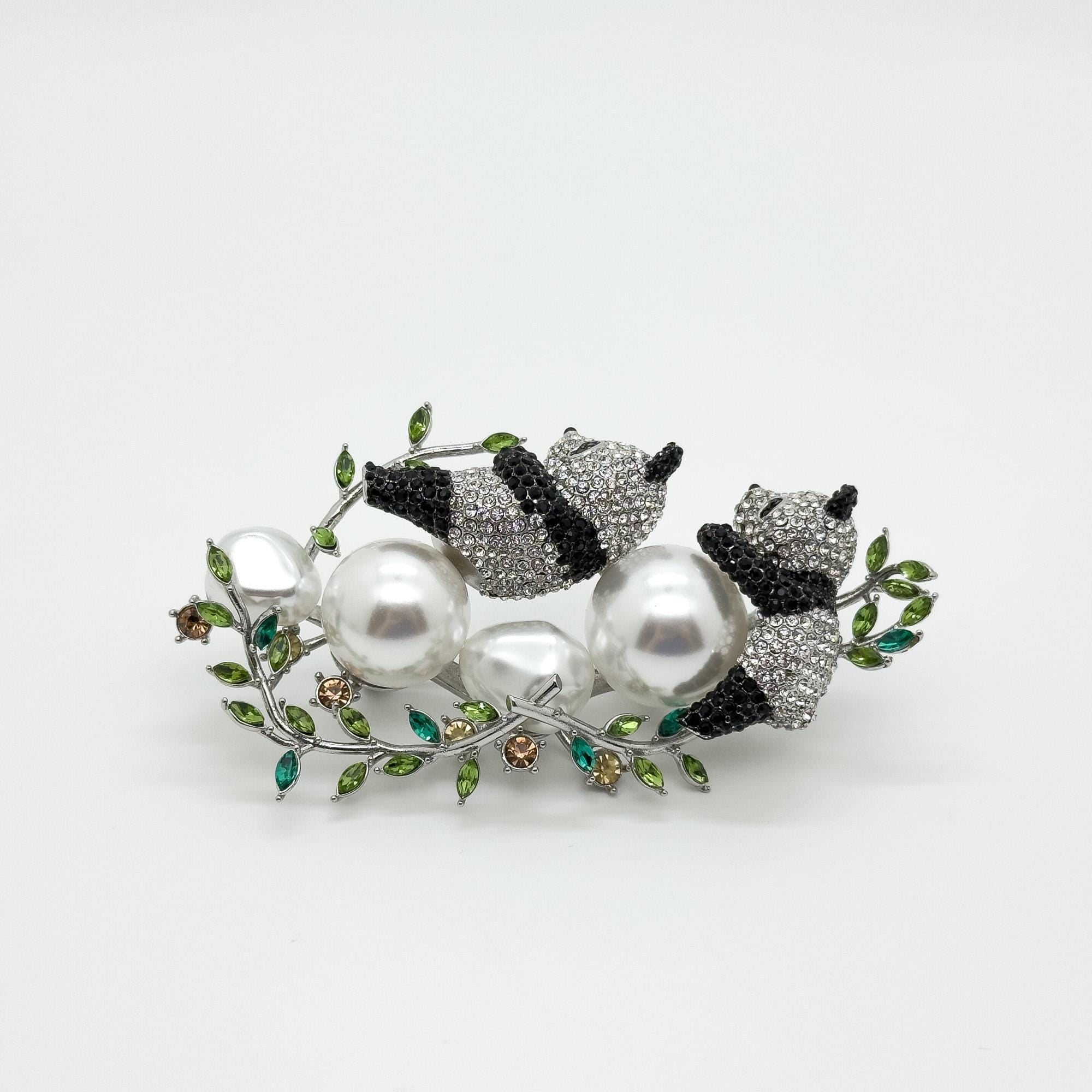 Art Deco Panda Brooch Rhinestone Pearl Copper Large Coat Pin