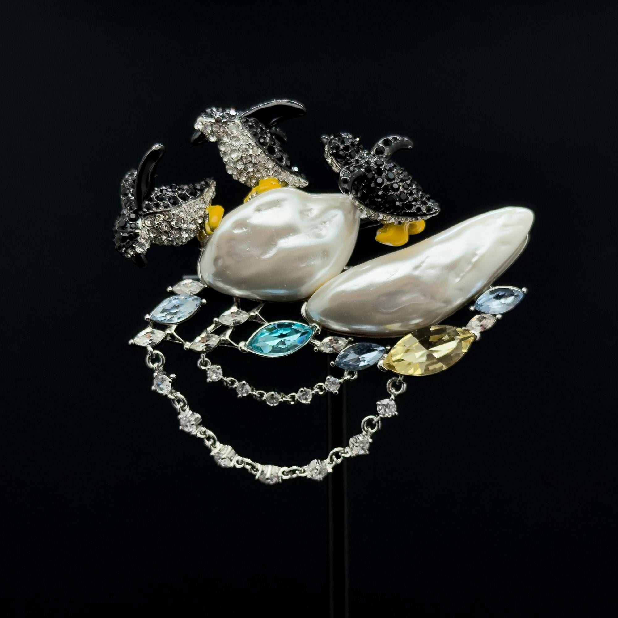 Art Deco Penguin Rhinestone Pearl Copper Large Statement Brooch Pin