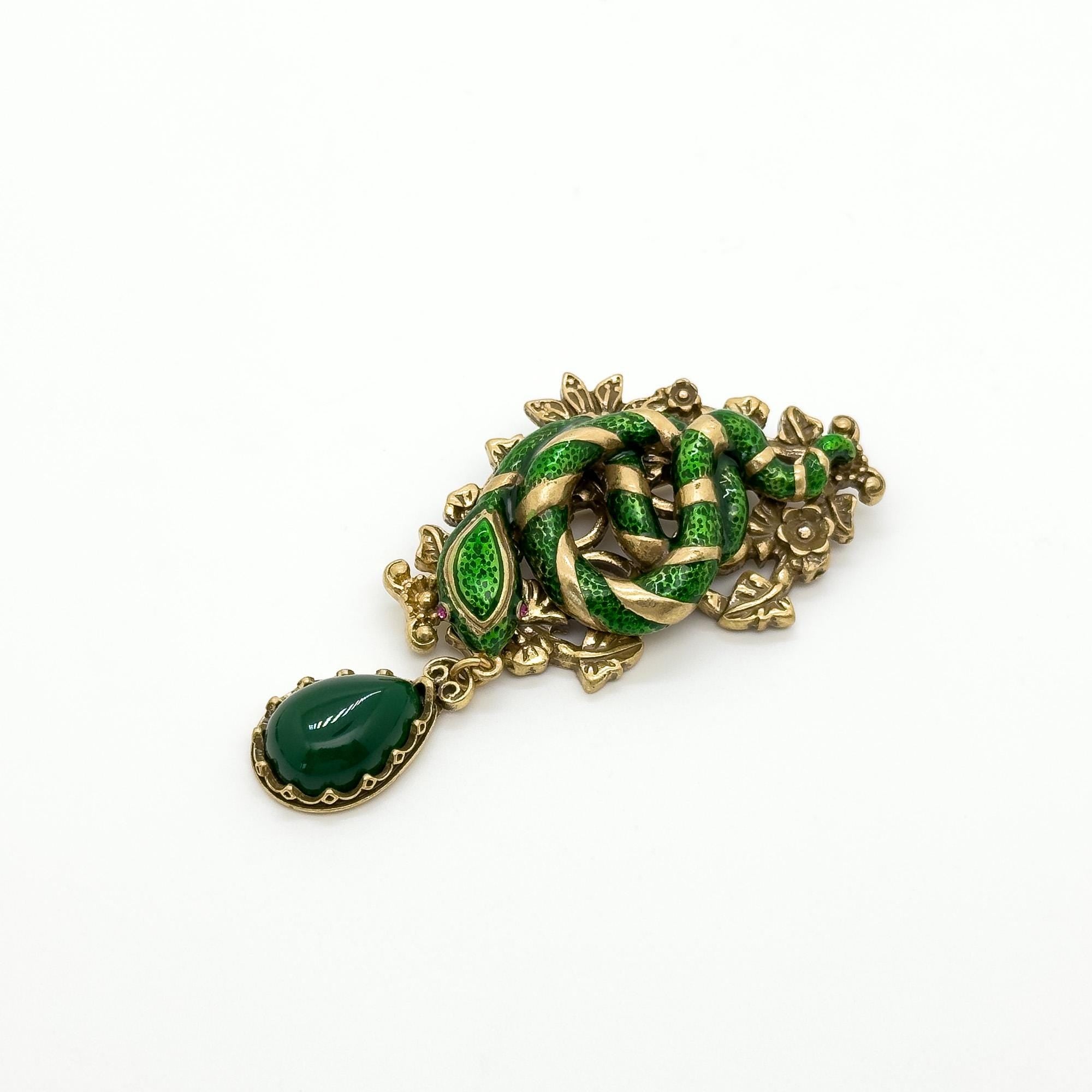 Vintage Art Deco Snake Enamel Brooch Copper Pendant Pin