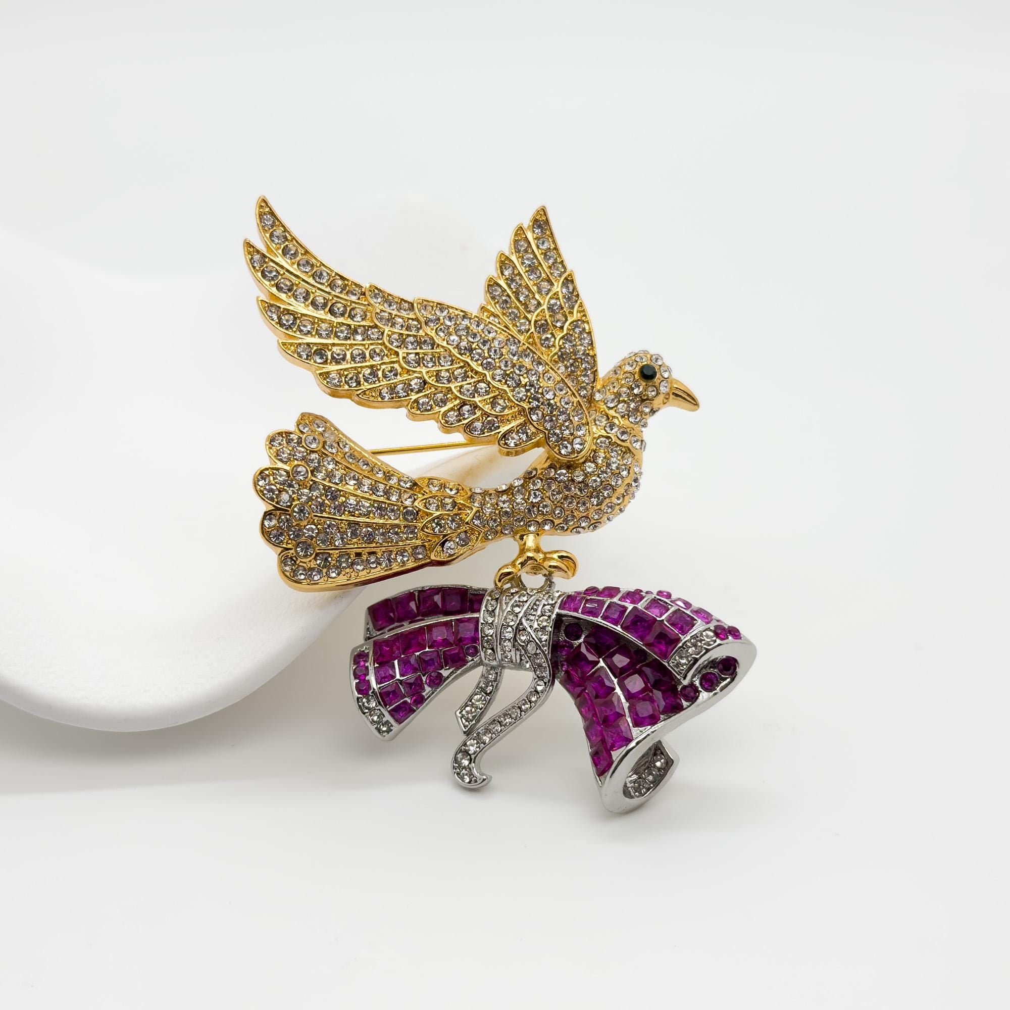 Art Deco Pigeon Bird Brooch Rhinestone Crystal Copper Pin