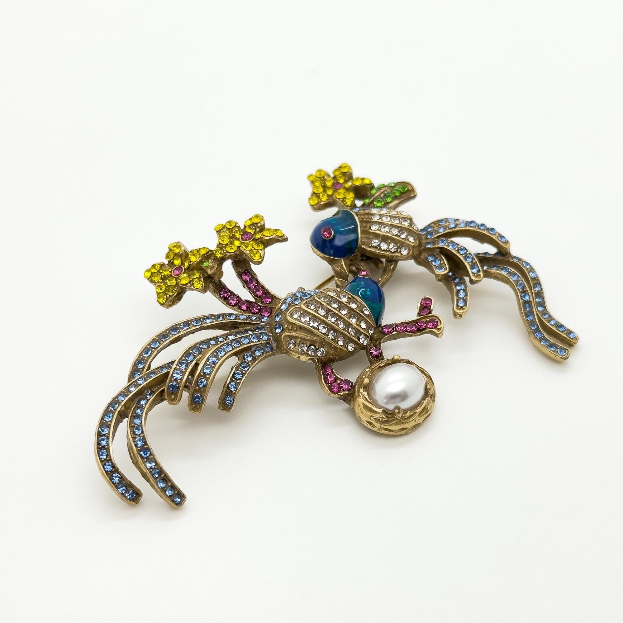 Vintage Art Deco Bird Brooch with Rhinestones and Enamel