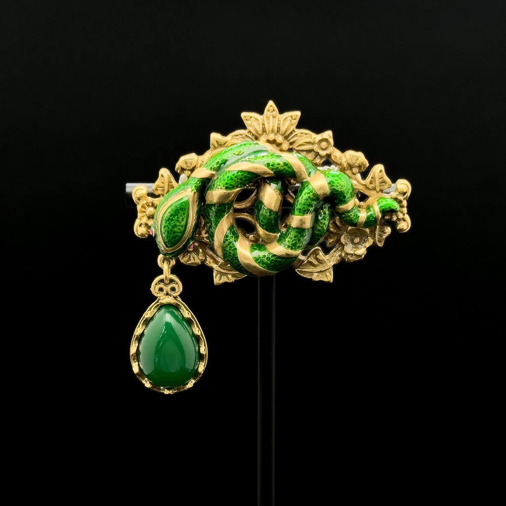 Vintage Art Deco Snake Enamel Brooch Copper Pendant Pin