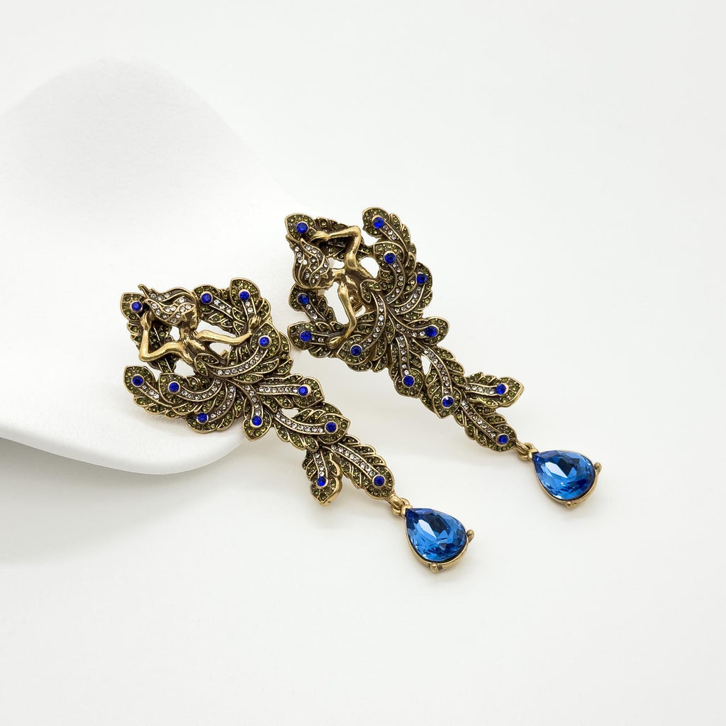 Art Deco Vintage Leaf Zircon Copper Stud Earrings 925 Silver