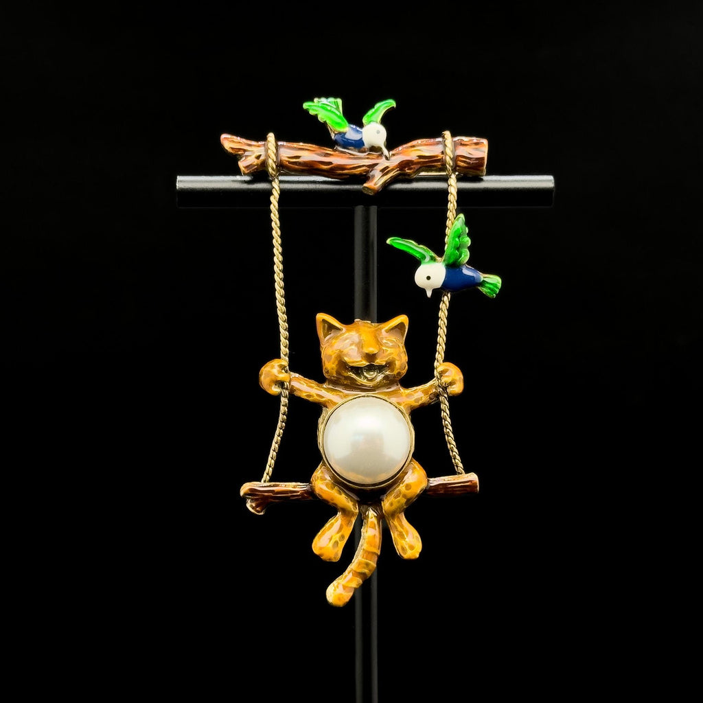 Vintage Art Deco Enamel Brooch with Pearls and Copper Details